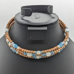 Vintage Triple Strand Wood Light Blue & Milky White Beaded Wire Boho Choker